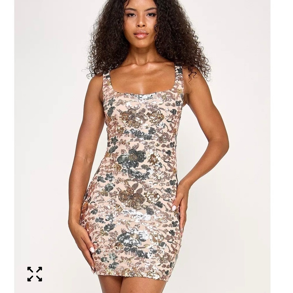 Seni & Cade Floral Sequin Mini Dress Bodycon Sleeveless Party Cocktail Gold Pink